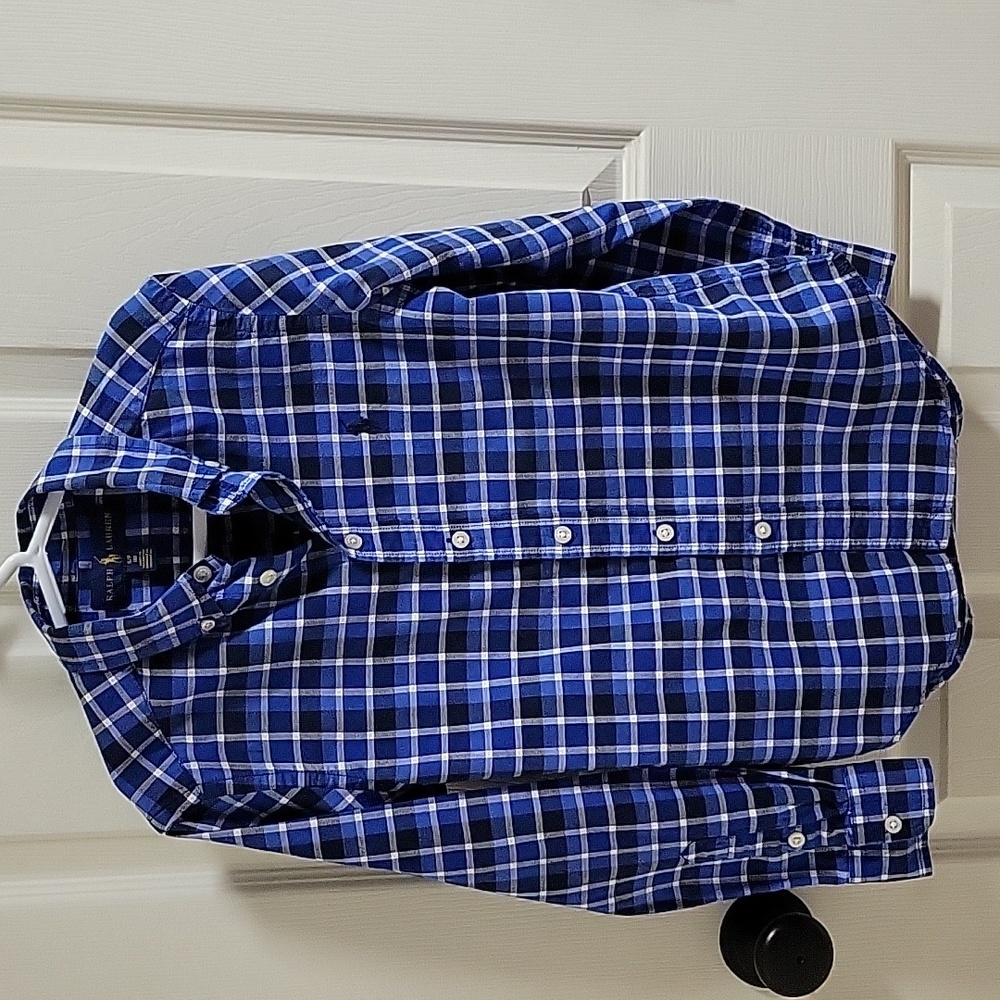 Ralph Lauren Youth Boys Button Up, Small (8), Blue/White plaid